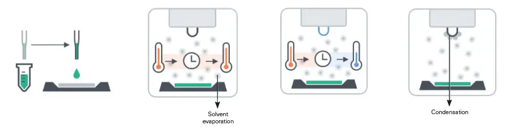 Scientific diagram showing a vapor pressure measurement method. Left: A pipette transfers a drop of green solvent from a test tube onto a flat surface. Sequence of three panels: (1) Solvent evaporation with two thermometers and a timer, (2) continued process with cooling on the right thermometer, (3) Condensation forming a droplet on a hanging surface above the solvent.